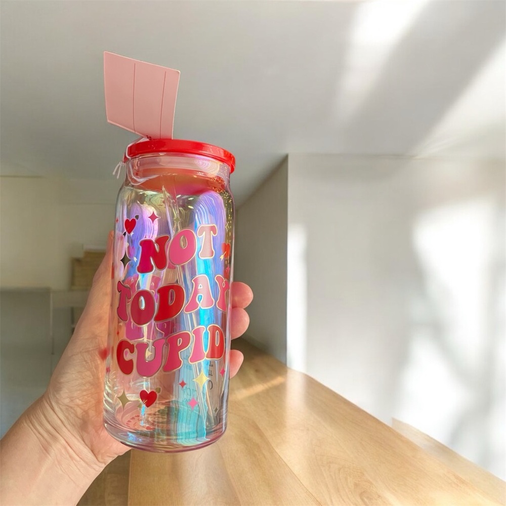 NEW Sheffield Home Not Today Cupid Print Glass Sipper with Straw Valentine's Day